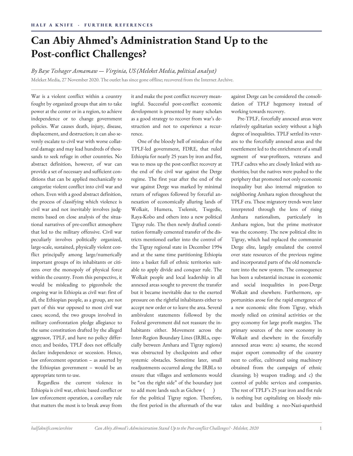 Can Abiy Ahmed’s Administration Stand Up to the Post-conflict Challenges? — typeset page 1